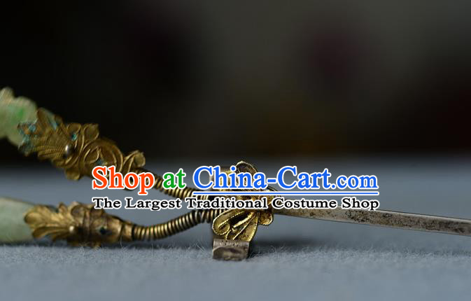 Chinese Ancient Imperial Consort Jade Hairpin Traditional Silver Headpiece Handmade Qing Dynasty Court Woman Hair Stick