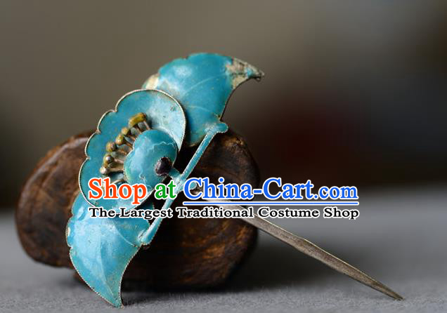 Chinese Handmade Qing Dynasty Cloisonne Peach Hair Stick Ancient Imperial Consort Hairpin Traditional Blueing Headwear
