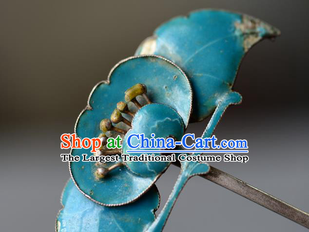 Chinese Handmade Qing Dynasty Cloisonne Peach Hair Stick Ancient Imperial Consort Hairpin Traditional Blueing Headwear