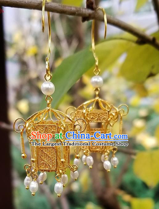 Handmade Chinese Qing Dynasty Empress Ear Accessories National Golden Lantern Earrings Traditional Pearls Eardrop Cheongsam Ear Jewelry