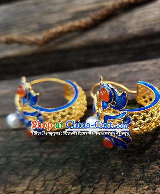 Handmade Chinese Cheongsam Ear Jewelry Qing Dynasty Empress Ear Accessories National Cloisonne Earrings Traditional Filigree Eardrop