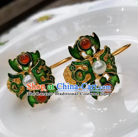 Handmade Chinese Traditional Filigree Eardrop Cheongsam Ear Jewelry Qing Dynasty Empress Ear Accessories National Cloisonne Green Earrings