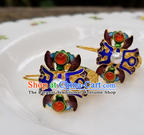 Handmade Chinese Qing Dynasty Court Ear Accessories National Cloisonne Earrings Traditional Filigree Eardrop Cheongsam Pearl Ear Jewelry