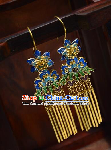 Handmade Chinese Traditional Blueing Flowers Eardrop Cheongsam Ear Jewelry Qing Dynasty Court Ear Accessories National Golden Tassel Earrings