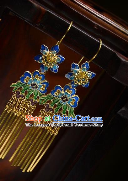 Handmade Chinese Traditional Blueing Flowers Eardrop Cheongsam Ear Jewelry Qing Dynasty Court Ear Accessories National Golden Tassel Earrings