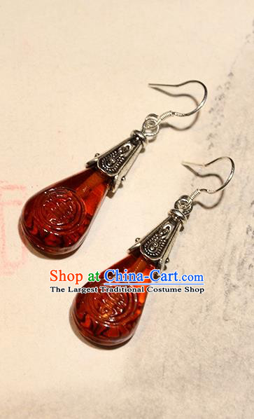Handmade Chinese National Red Coloured Glaze Earrings Traditional Silver Eardrop Cheongsam Ear Jewelry Qing Dynasty Ear Accessories