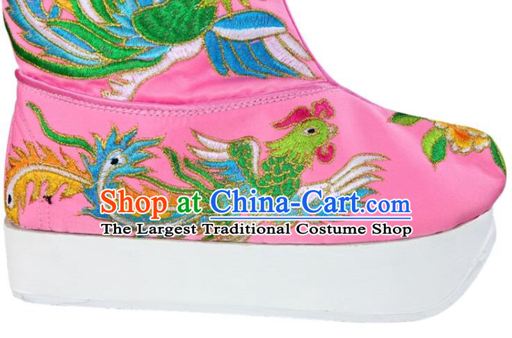 China Beijing Opera Hua Tan Shoes Ancient Empress Embroidered Pink Satin Boots Kun Opera Actress Shoes