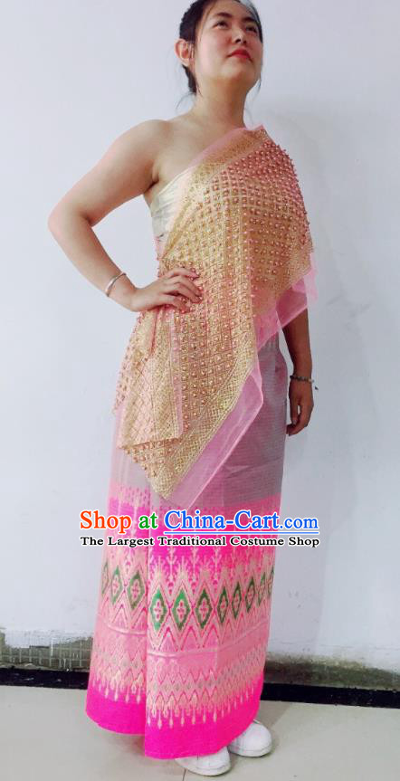 Chinese Yunnan Ethnic Garments Dai Nationality Water Sprinkling Festival Pink Dress Tai Minority Female Dance Costumes