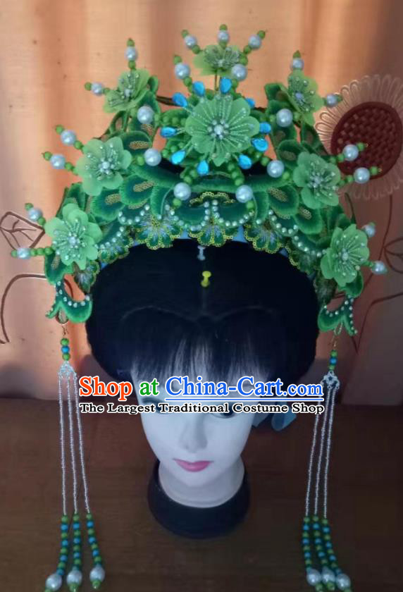 Chinese Ancient Princess Phoenix Coronet Headdress Beijing Opera Diva Green Flowers Hair Crown Peking Opera Diva Hair Accessories