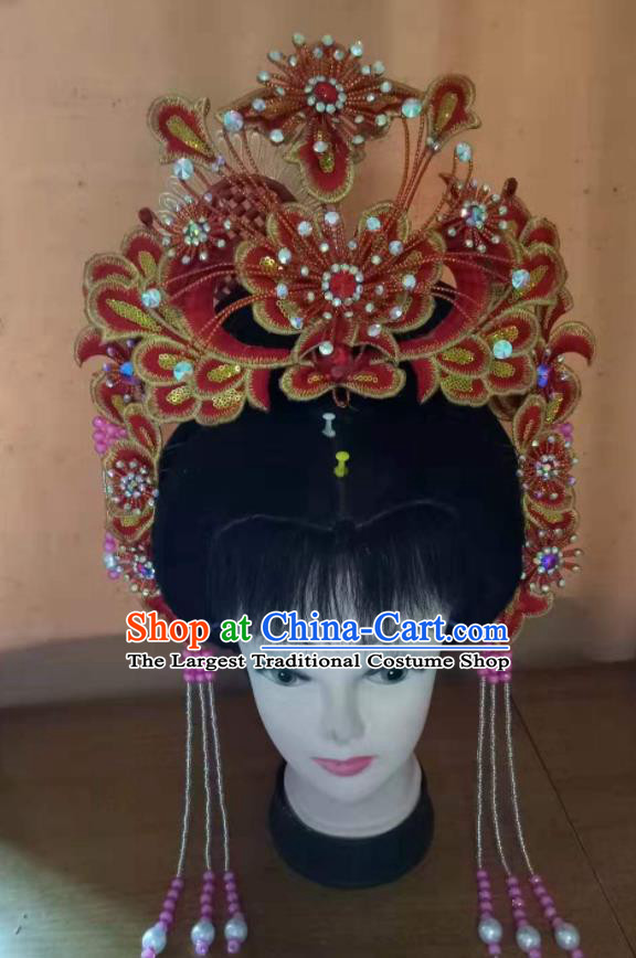 Chinese Beijing Opera Diva Red Flowers Hair Crown Peking Opera Diva Hair Accessories Ancient Princess Phoenix Coronet Headdress