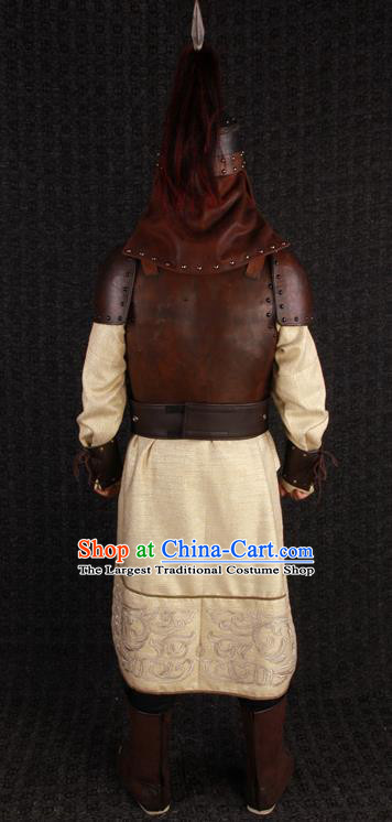 China Ancient General Garment Costumes Traditional Military Officer Clothing Qin Dynasty Soldier Brown Armor Uniforms and Helmet