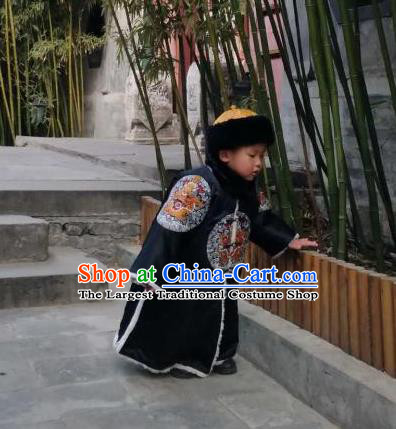 China Traditional Monarch Clothing Qing Dynasty Empress Black Imperial Robe Uniforms Ancient Royal Highness Garment Costumes and Hat for Kids