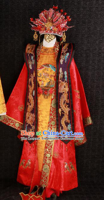 China Ming Dynasty Queen Embroidered Garment Costumes Wedding Female Attire Ancient Empress Red Hanfu Dress and Phoenix Coronet