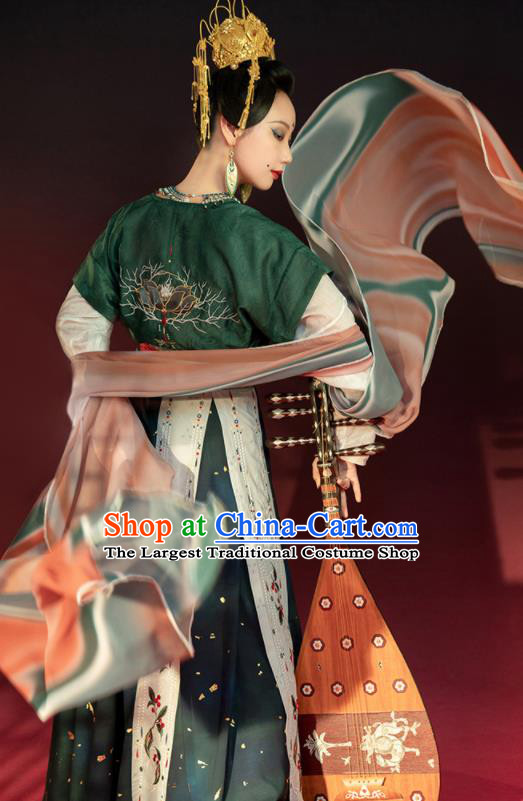 China Traditional Tang Dynasty Court Lady Historical Clothing Ancient Court Princess Green Hanfu Dress Garments