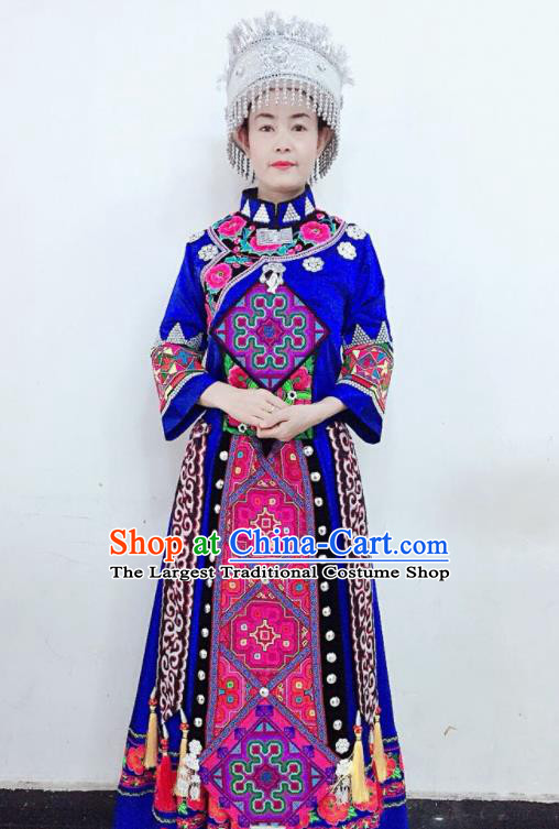 Chinese Yi Nationality Bride Blue Uniforms Xiangxi Ethnic Group Women Garment Costumes Qiang Minority Dance Clothing