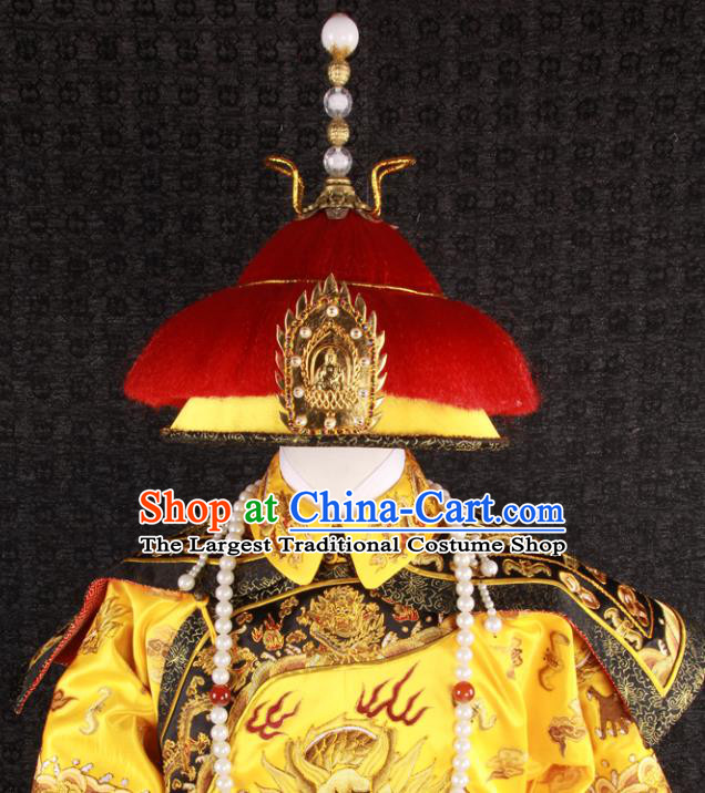 China Qing Dynasty Emperor Uniforms Ancient Royal Monarch Garment Costumes Traditional Embroidered Yellow Robe Clothing and Hat