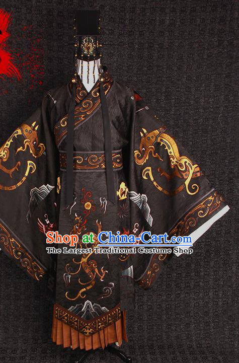 China Traditional Embroidered Black Imperial Robe Clothing Qin Dynasty Emperor Uniforms Ancient Royal King Garment Costumes and Headpiece