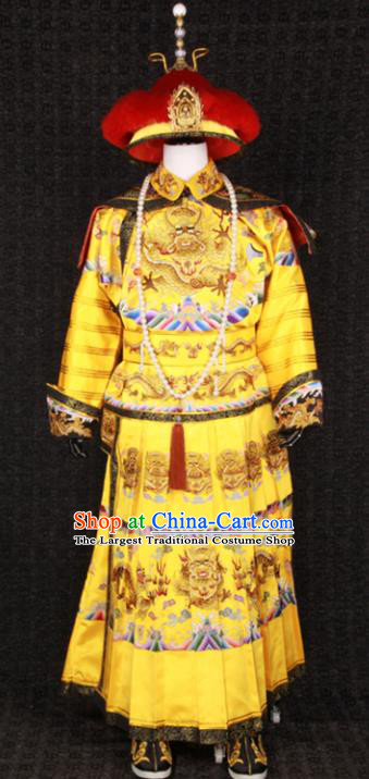 China Ancient Royal Lord Garment Costumes Traditional Embroidered Yellow Imperial Robe Clothing Qing Dynasty Emperor Qianlong Uniforms and Hat