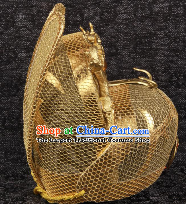 Chinese Ming Dynasty Emperor Golden Dragon Hat Ancient King Headdress Traditional Drama Monarch Headwear