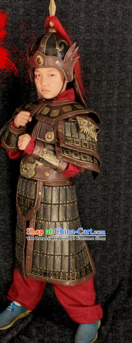China Ancient Children Warrior Garment Costumes Traditional Drama Kid Brown Armor Clothing Tang Dynasty General Uniforms