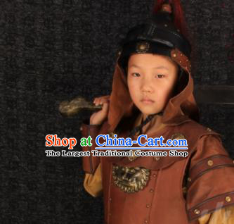 China Song Dynasty General Uniforms Ancient Children Warrior Garment Costumes Traditional Drama Kid Yue Fei Brown Armor Clothing and Hat