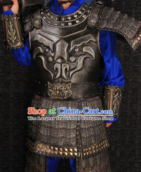China Ancient Children Warrior Garment Costumes Traditional Drama Kid Soldier Black Armor Clothing Han Dynasty General Uniforms and Headdress
