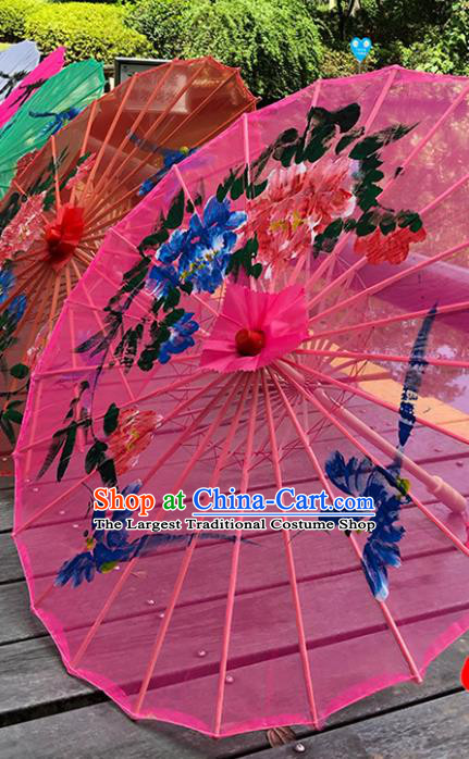 Chinese Handmade Rosy Silk Umbrella Traditional Hanfu Prop Bumbershoot Painting Peony Umbrella Classical Dance Umbrellas
