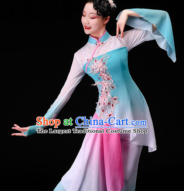 China Classical Dance Blue Dress Women Group Dance Garment Costumes Umbrella Dance Clothing Stage Performance Fashion