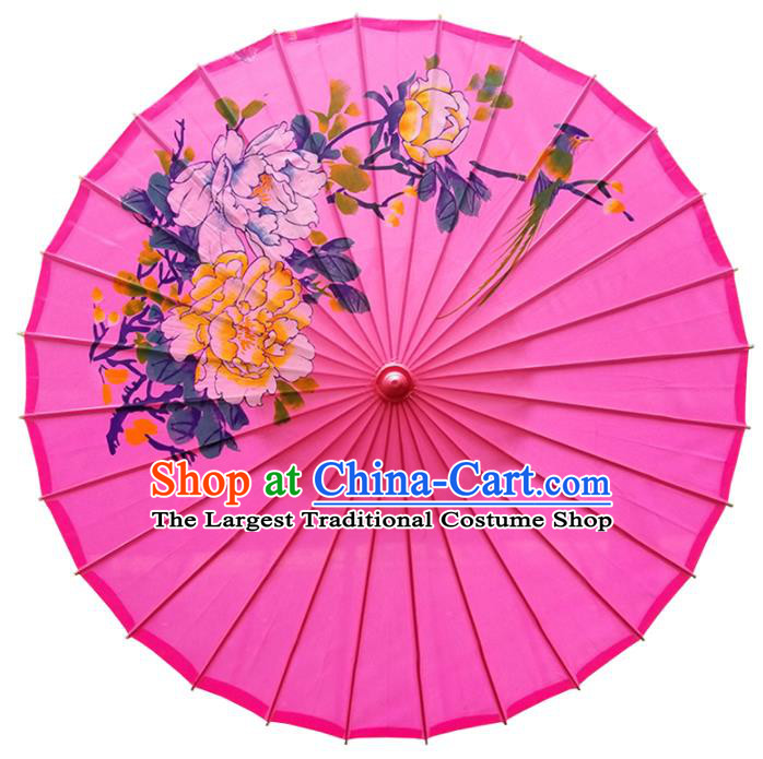 Chinese Traditional Hanfu Bumbershoot Dance Prop Hand Painting Peony Umbrella Classical Umbrellas Pink Silk Umbrella