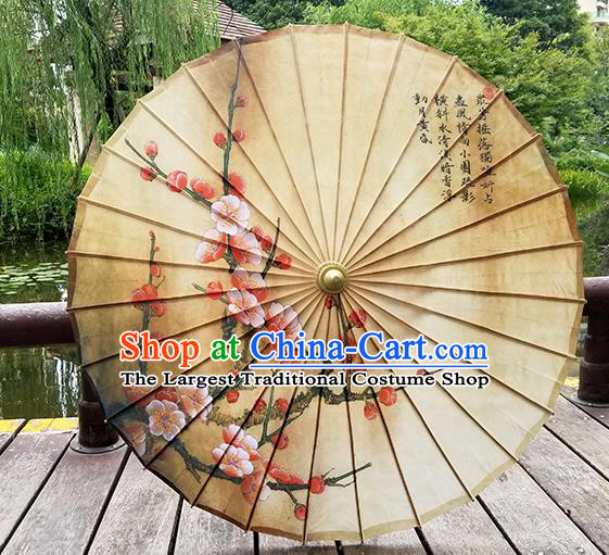 Chinese Beige Silk Umbrella Traditional Hanfu Bumbershoot Dance Prop Hand Painting Plum Blossom Umbrella Classical Umbrellas