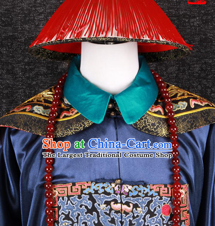 China Traditional Drama Officer Clothing Qing Dynasty Official Navy Robe Uniforms Ancient Minister Garment Costumes and Hat