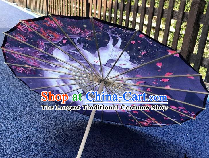 Chinese Classical Umbrella Traditional Performance Umbrella Handmade Navy Silk Umbrellas Printing Nine Tails Fox Umbrella