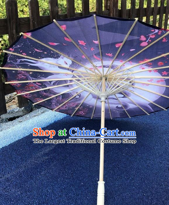 Chinese Classical Umbrella Traditional Performance Umbrella Handmade Navy Silk Umbrellas Printing Nine Tails Fox Umbrella