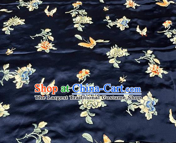 Chinese Tang Suit Drapery Classical Butterfly Flowers Pattern Silk Fabric Qipao Dress Cloth Material Traditional Navy Satin