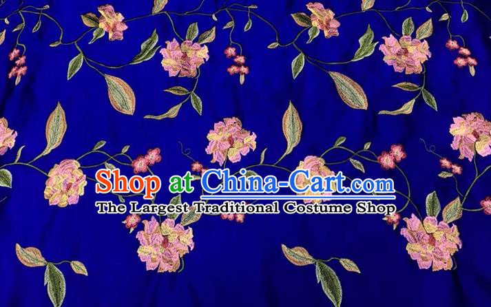 China Tang Suit Silk Fabric Traditional Cheongsam Embroidered Drapery Royal Peony Pattern Royalblue Brocade Material Classical Qipao Dress Damask Cloth