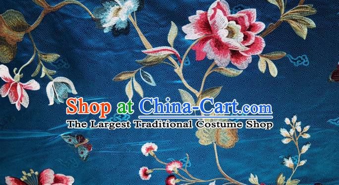 China Traditional Cheongsam Silk Drapery Classical Embroidered Peony Blue Brocade Material Qipao Dress Cloth Tang Suit Damask Fabric