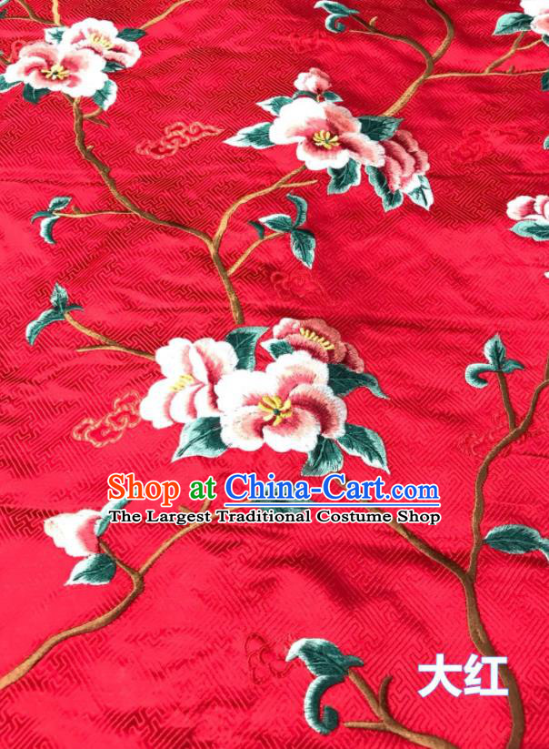 China Traditional Silk Fabric Embroidered Peach Blossom Satin Material Court Red Brocade Drapery Classical Cheongsam Damask Cloth