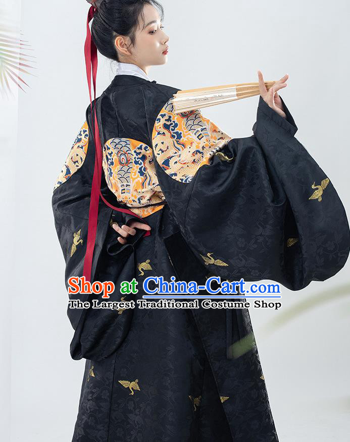 China Traditional Embroidered Black Brocade Round Collar Robe Ancient Royal Prince Garment Costumes Ming Dynasty Official Clothing