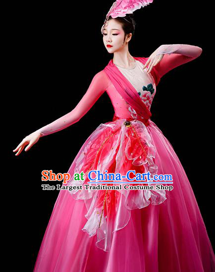 Professional Chorus Performance Costume Modern Dance Pink Veil Dress Opening Dance Garment Women Group Peony Dance Fashion