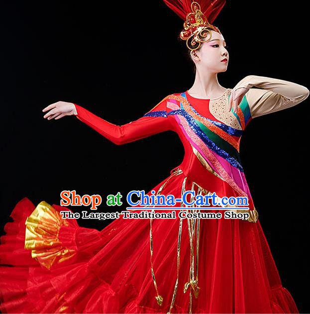 Professional Women Group Flower Dance Fashion Chorus Performance Costume Modern Dance Red Bubble Dress Opening Dance Garment