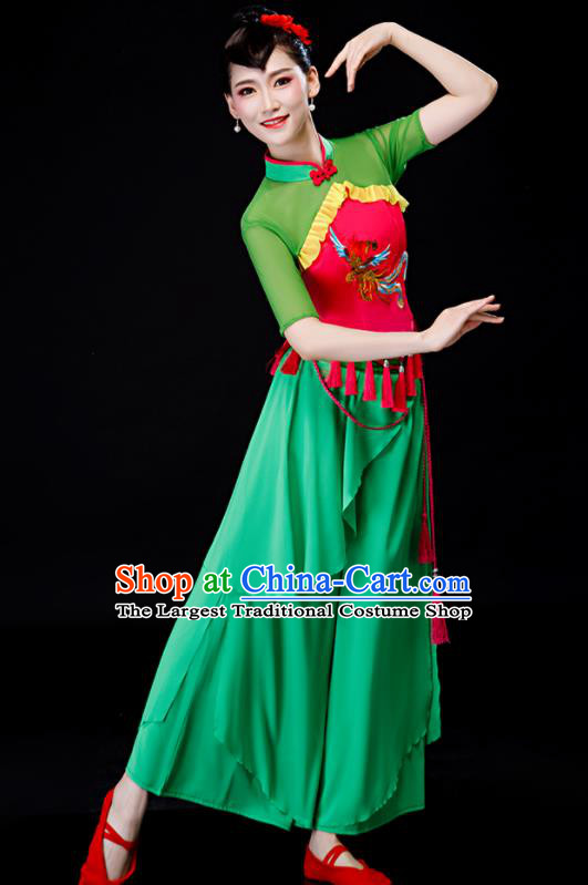 Chinese Fan Dance Apparels Folk Dance Green Uniforms Traditional Women Drum Dance Garment Costumes Yangko Performance Clothing