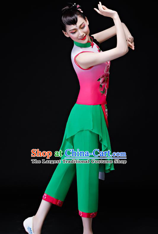 Chinese Fan Dance Apparels Folk Dance Uniforms Traditional Village Girl Dance Garment Costumes Bamboo Hat Performance Clothing