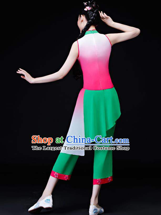 Chinese Fan Dance Apparels Folk Dance Uniforms Traditional Village Girl Dance Garment Costumes Bamboo Hat Performance Clothing