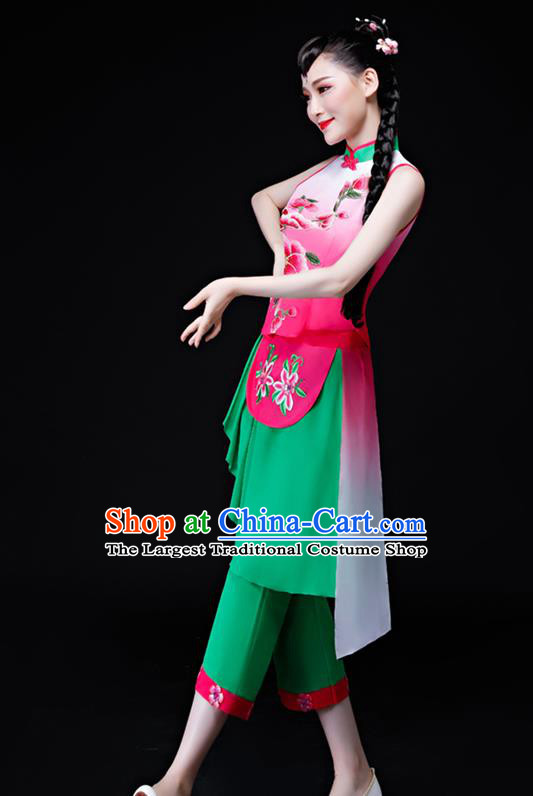 Chinese Fan Dance Apparels Folk Dance Uniforms Traditional Village Girl Dance Garment Costumes Bamboo Hat Performance Clothing