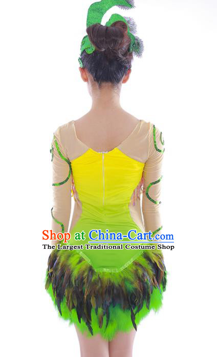 Chinese Dai Nationality Folk Dance Clothing Yunnan Minority Festival Garment Costumes Ethnic Children Peacock Dance Green Feather Dress Outfits