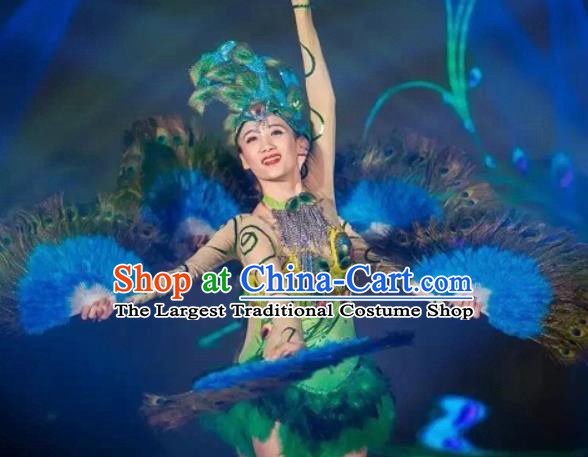 Chinese Dai Nationality Folk Dance Clothing Yunnan Minority Festival Garment Costumes Ethnic Children Peacock Dance Green Feather Dress Outfits