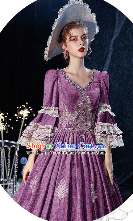 Top European Drama Performance Clothing Western Court Princess Purple Full Dress Compere Garment Costume French Noble Lady Formal Attire