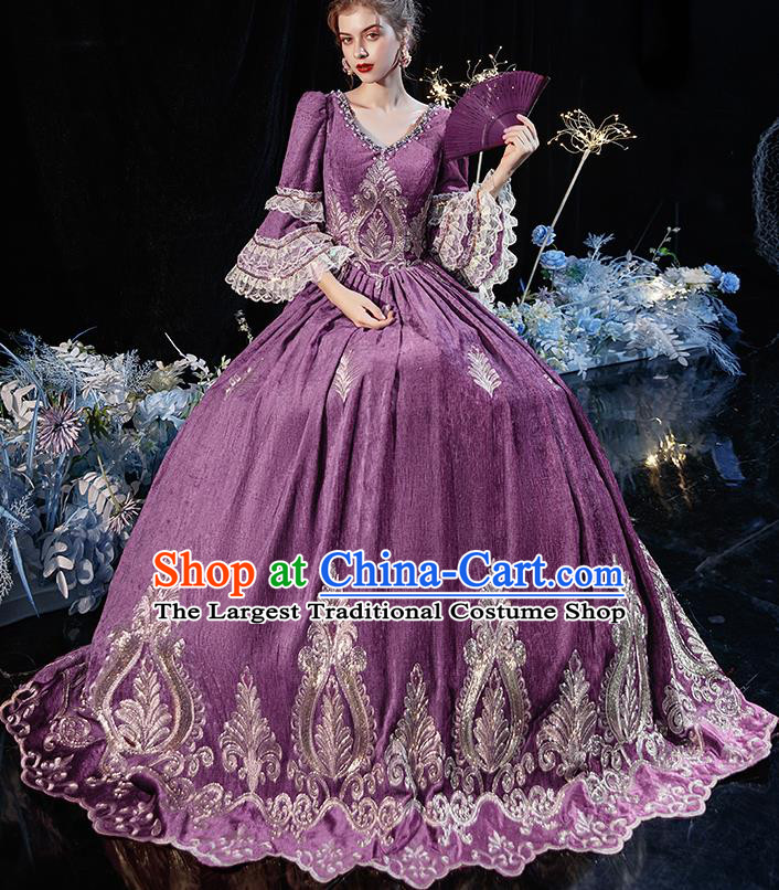 Top European Drama Performance Clothing Western Court Princess Purple Full Dress Compere Garment Costume French Noble Lady Formal Attire