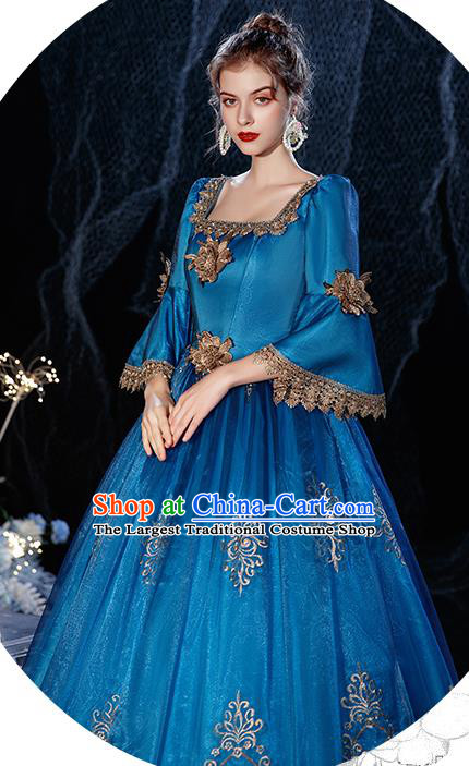 Top Western Court Princess Blue Full Dress Christmas Garment Costume England Formal Attire European Drama Performance Clothing