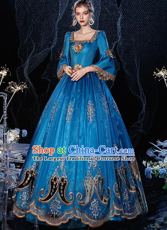 Top Western Court Princess Blue Full Dress Christmas Garment Costume England Formal Attire European Drama Performance Clothing